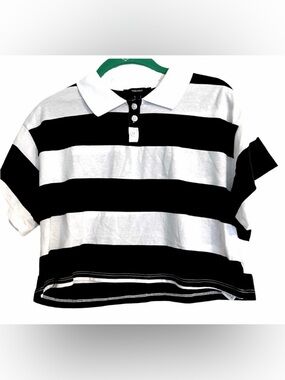 Forever 21 Black and White Striped Cropped Polo Shirt Preppy Academia Small